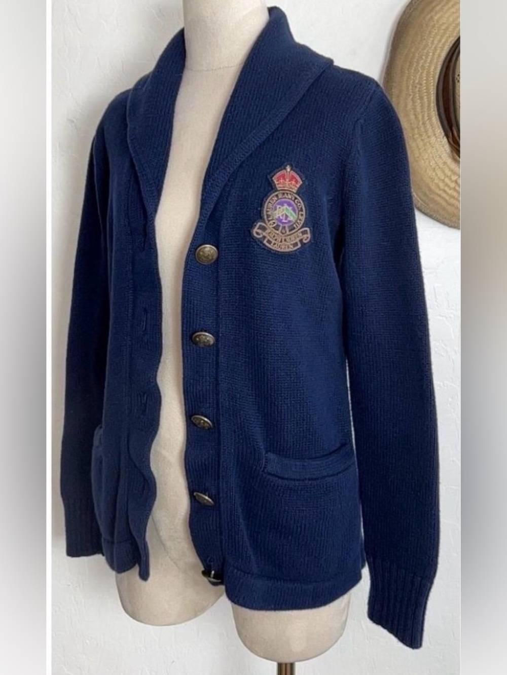 Raulph Lauren Navy Blue Cardigan with crest  logo size Large
